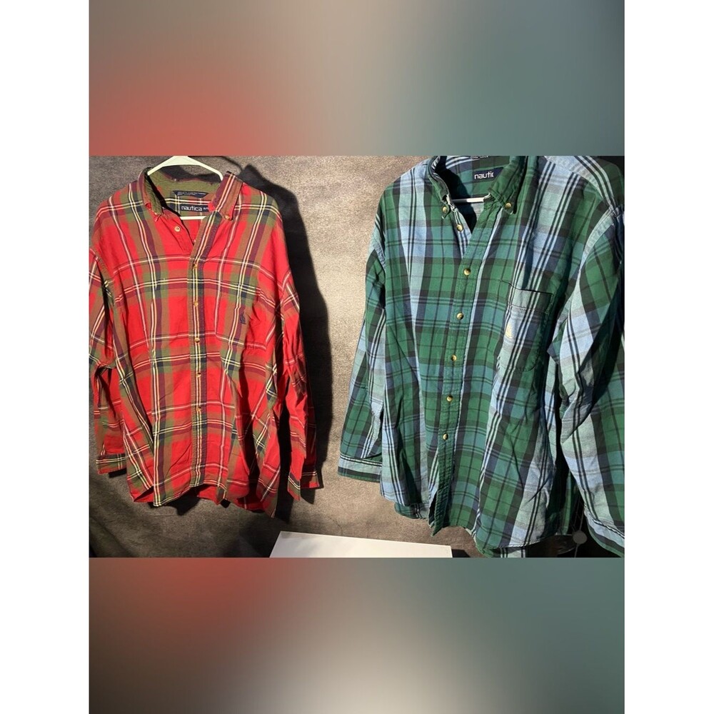 Vintage Nautica Plaid Button Down Shirts Lot of 2 90s Mens XL Red Green Flawed